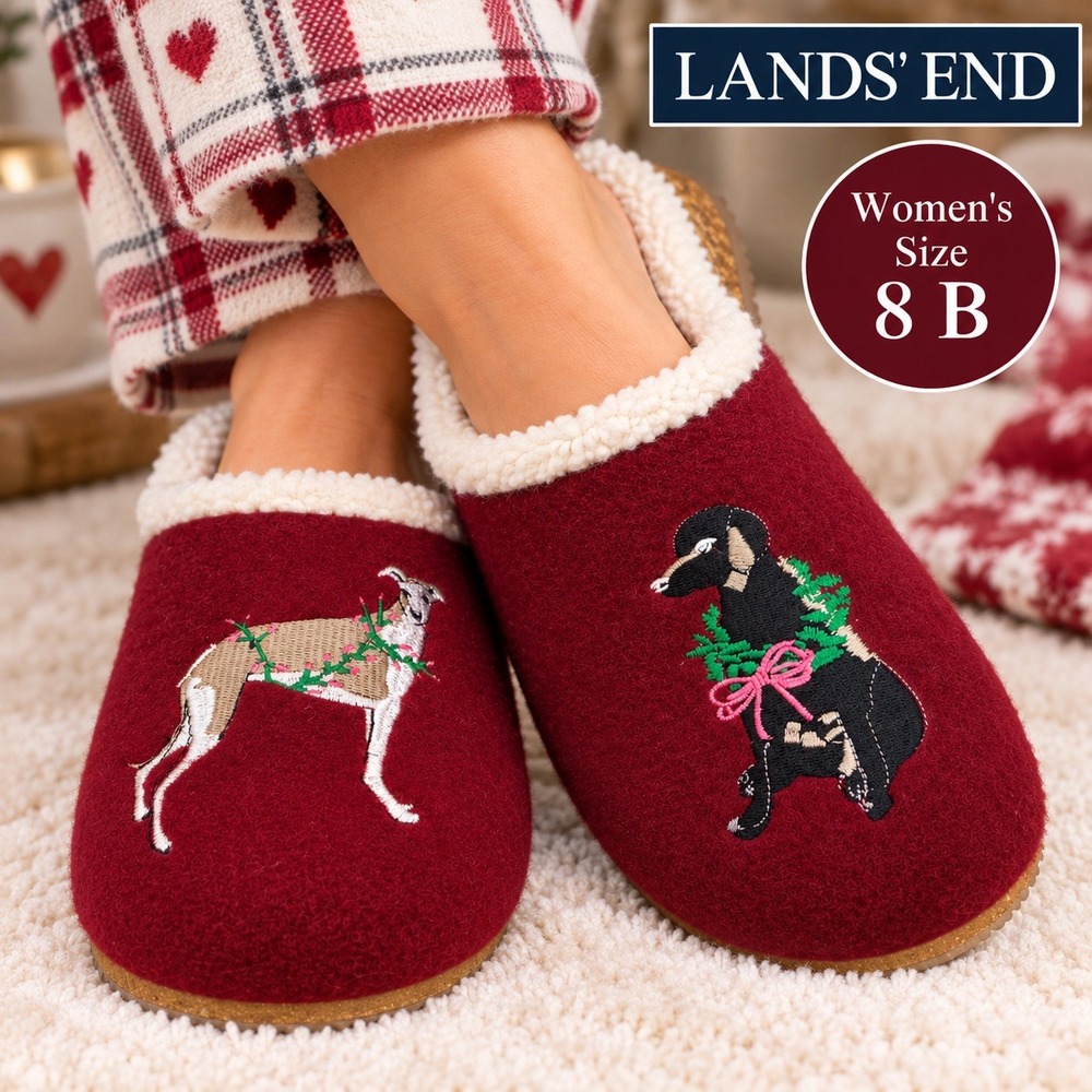 Lands End Womens Dog Embroidered Faux Sherpa Slippers Burgundy Red Size 8B NWOT